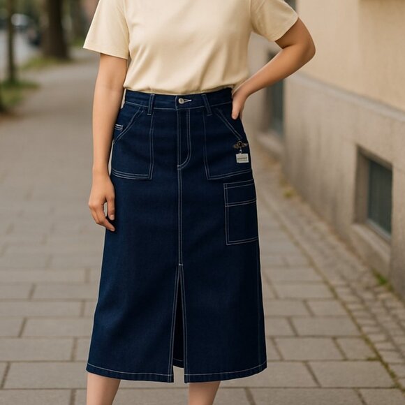 NWT TRUE RELIGION DENIM CARGO MAXI Midi SKIRT  COLOR 2S BODY RINSE EXPOSED SEAM - Picture 1 of 10